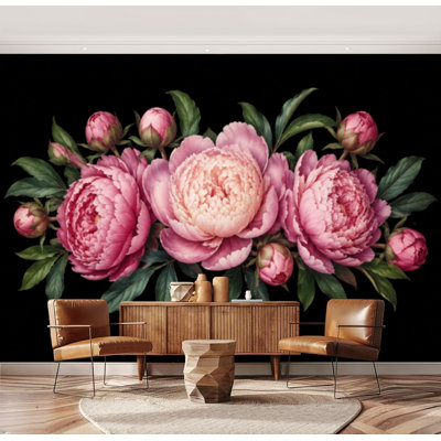 Papier peint adhésif à peler et coller avec pivoines florales noires et noires à contact foncé