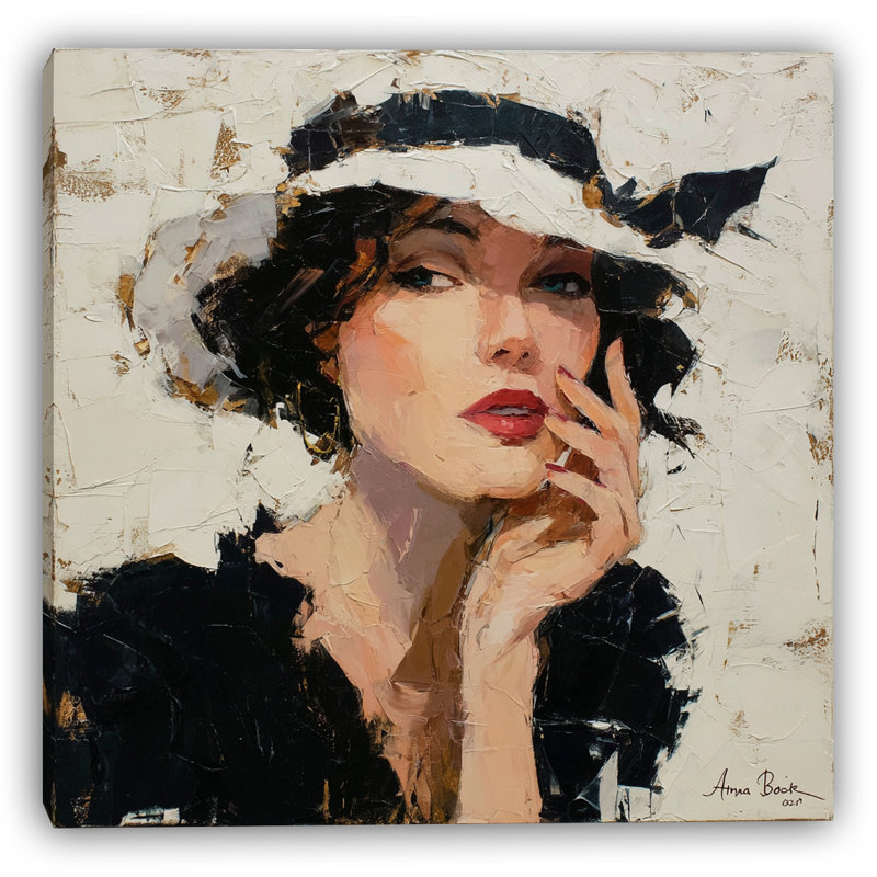 Chic Lady with White Hat Wrapped Canvas Wall Art