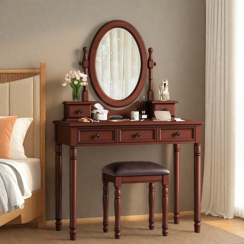 Bureau de coiffeuse avec miroir à angle réglable, tabouret rembourré et 5 tiroirs, Noyer