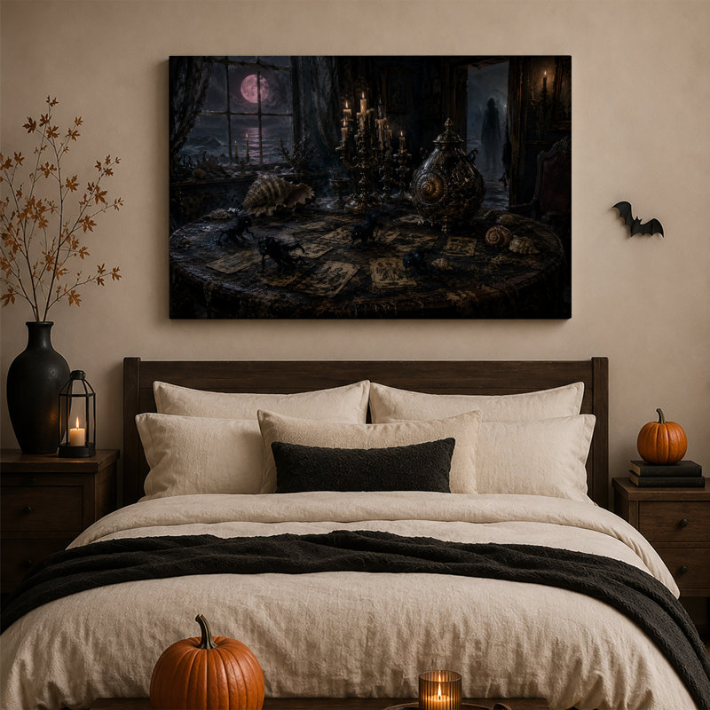 Tableau sur toile d'Halloween avec cartes de tarot, bougies et mer au clair de lune, 12"H x 18"W
