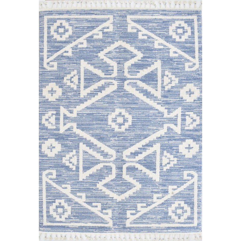 Tapis bleu en polypropylène / polyester tissé à la machine Kennika, Rectangle 2 pi 6 po x 4 pi