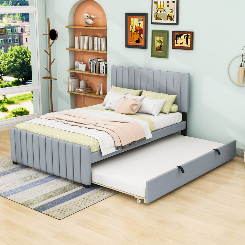 Lit plateforme double en velours avec lit gigogne, gris