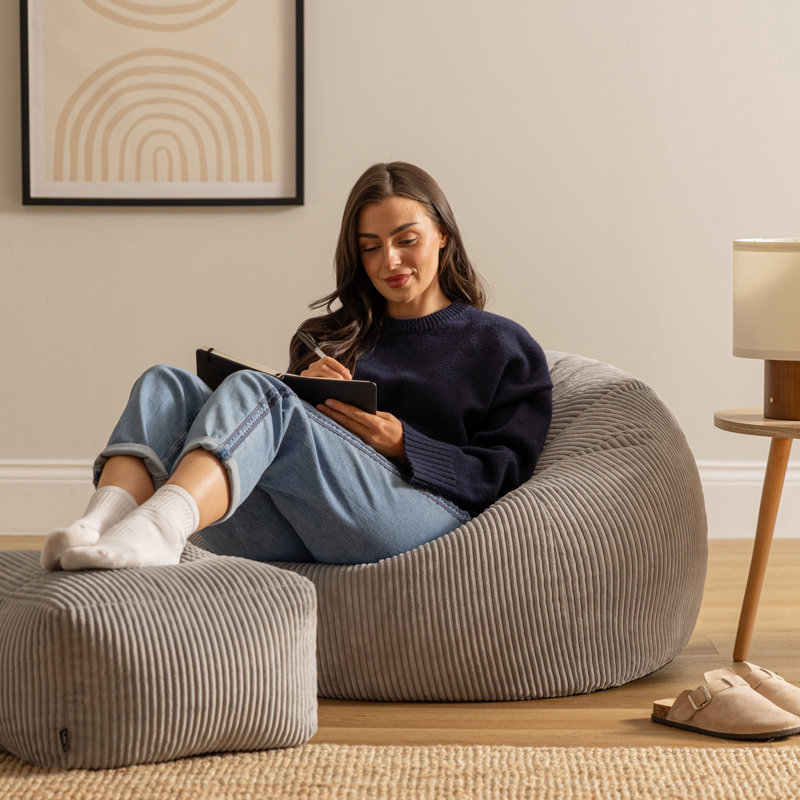 Kingston Cordurouy Bean Bag and Square Footstool, Grey