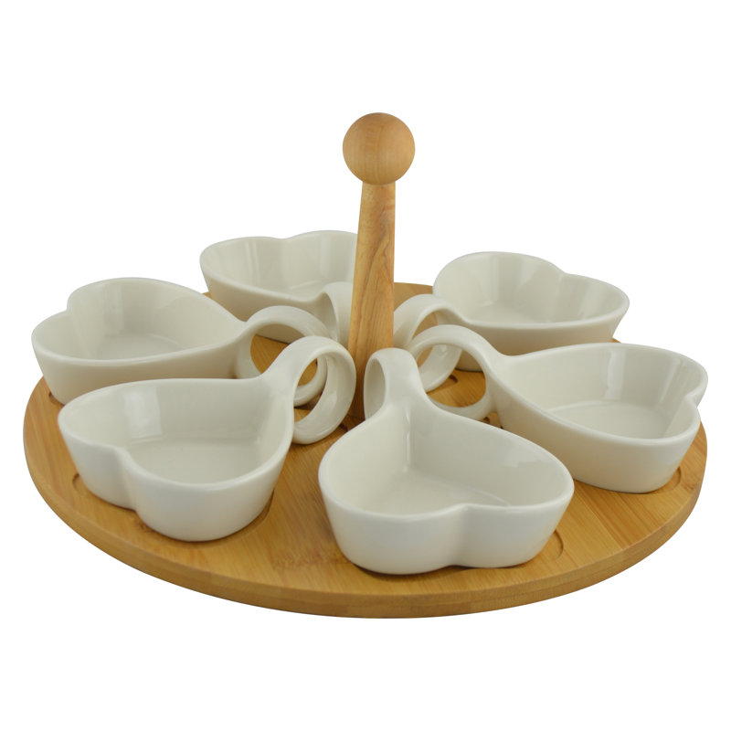 Plateau à condiments en céramique à 6 compartiments avec plateau en bambou et poignée