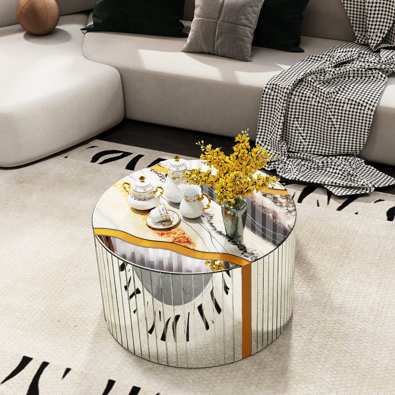 Table basse ronde moderne avec miroir argenté, motif doré et marbre, centre en miroir simple à installer avec design, aucun assemblage requis