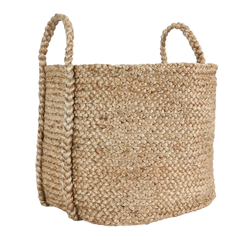 Ivory and Beige Handwoven Jute Floor Storage Basket