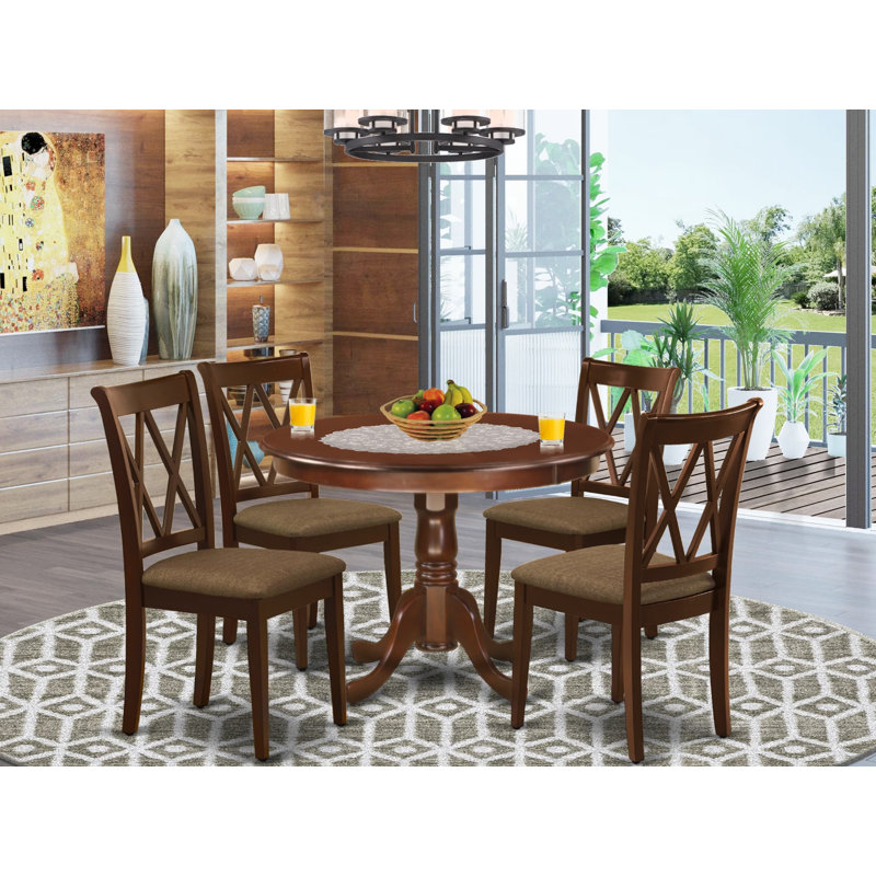 Ensemble de table de salle à manger 5 pièces comprenant une table ronde avec piédestal et 4 chaises rembourrées en tissu de lin, acajou