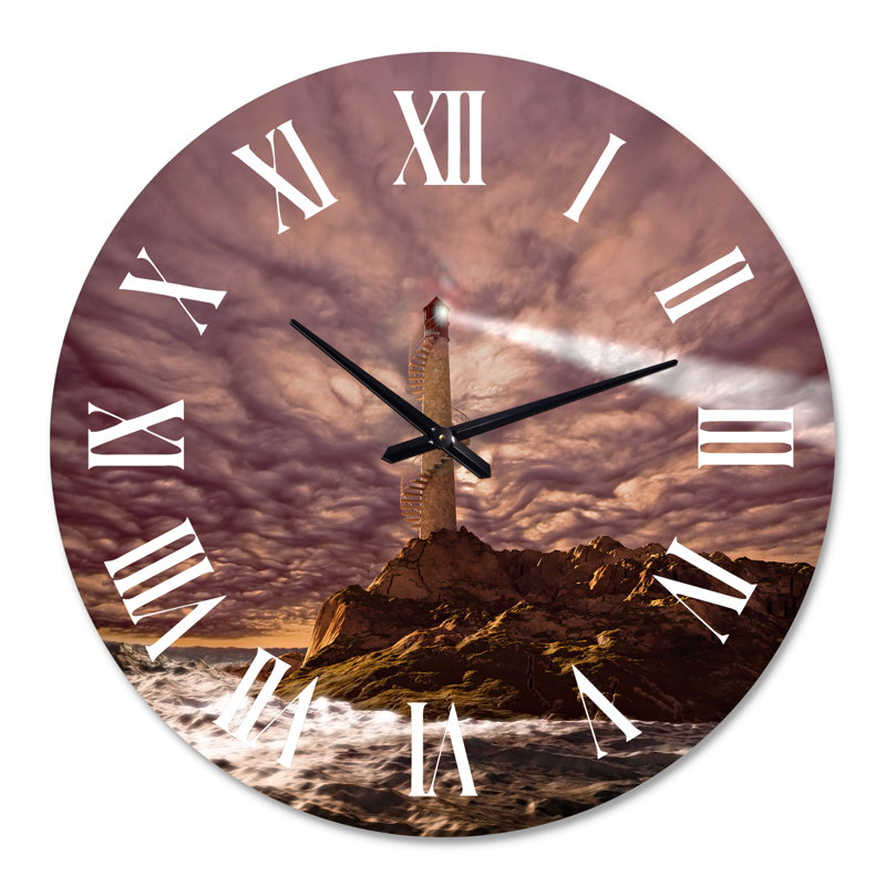 Phare brillant pendant la nuit orageuse I - Horloge murale nautique et côtière, 29" H x 29" W x 1" D