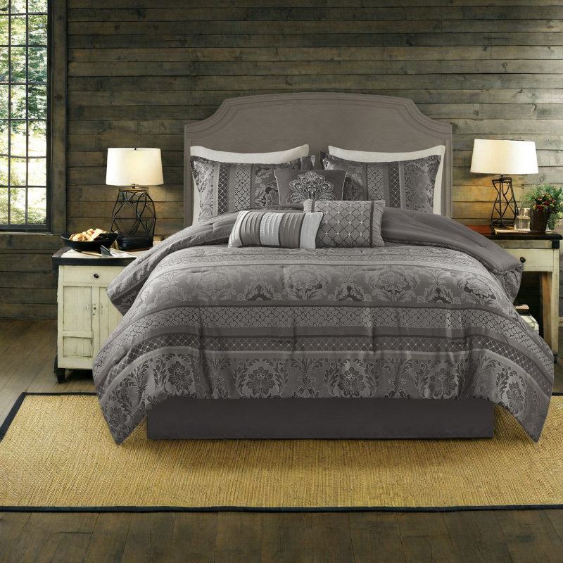 Ensemble de literie luxueux 7 pièces, jacquard en polyester, très grand gris, mise à jour élégante pour la maison