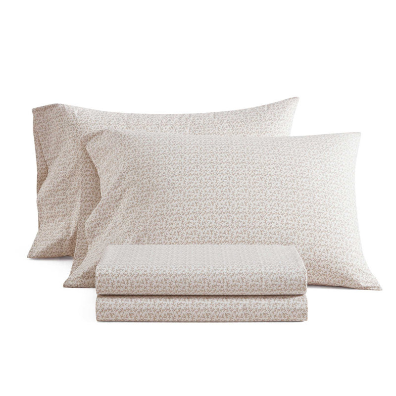 Martha Stewart Leaves Cotton Percale Beige Sheet Set, King Sheet Set with 2 Pillowcases, Beige Leaves