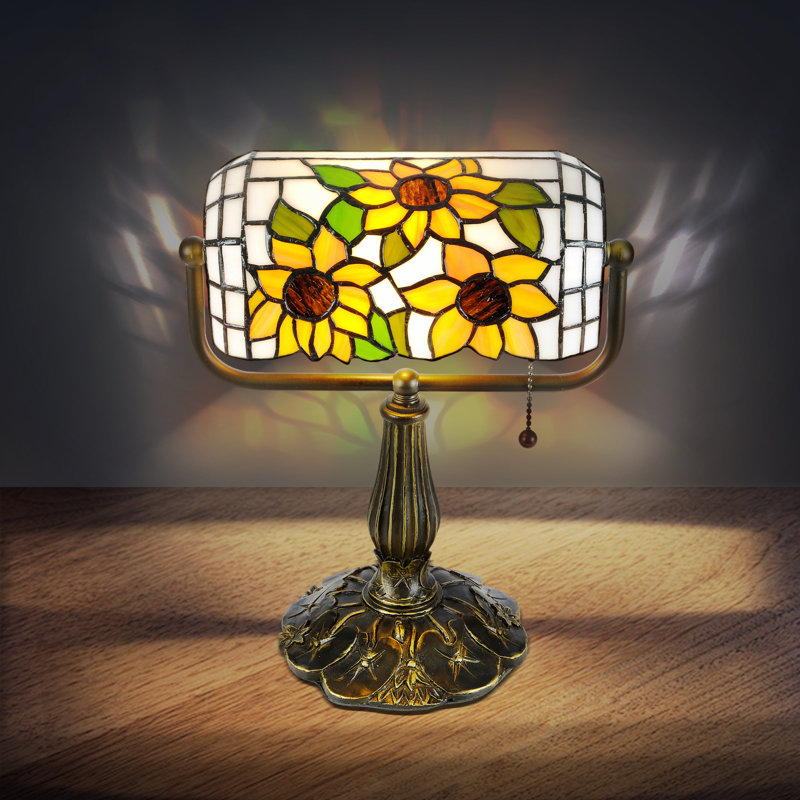Lampe de bureau Sunflower Tiffany Banker - lumière de piano réglable en verre pur faite à la main avec ampoule DEL 8 W, interrupteur à chaîne, décor rétro pour chambre à coucher, bureau et salon