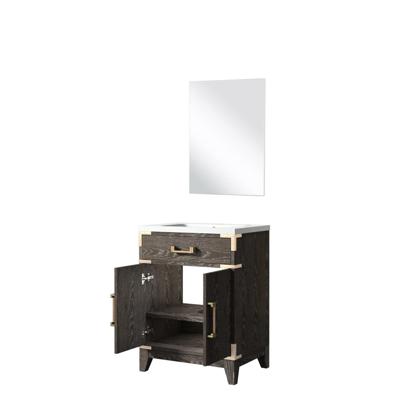24 po L 18 po x P 18 po - Support de salle de bain en chêne brun - comptoir en acrylique et miroir inclus
