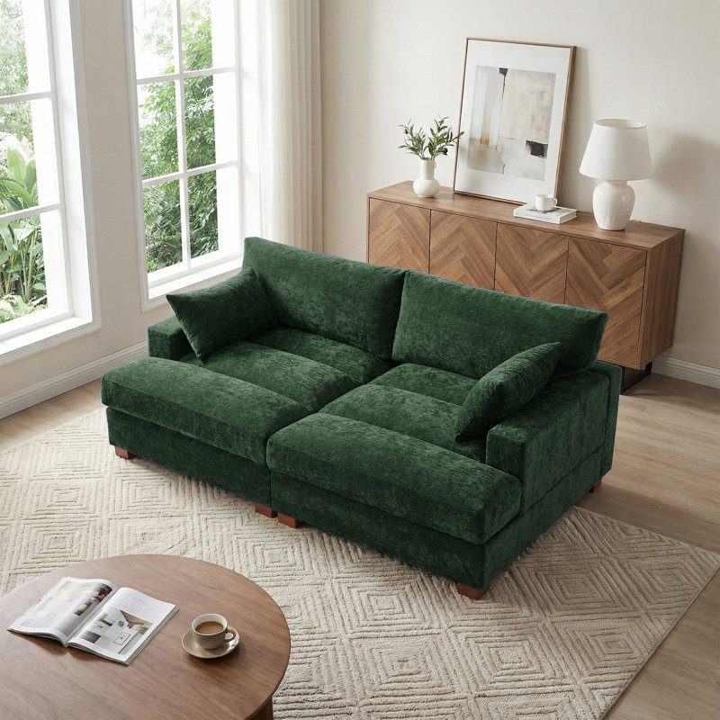 Oversized Upholstered Green Chenille Sleeper Sofa Bed Lounge sofa with Armrests & Throw Pillows, Green