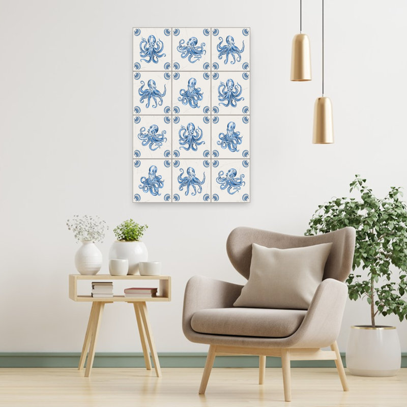 Vintage Octopus Tiles Delft Style Traditional Vintage Whimsical Octopus Beach Wall Art Print, 91.44cm H x 60.96cm W
