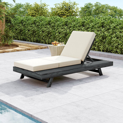 Ensemble de chaises longues, espace disponible sur un côté, bois d'acacia massif noir avec coussin de salon
