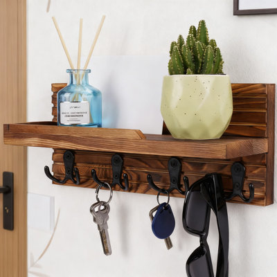 Wall Mount Key Holder With 4 Double Hooks And Storage Shelf, Natural Wooden Entryway Organizer For Keys, Mail, And Essentials, Easy Installation For Hallway, Kitchen, Or Office