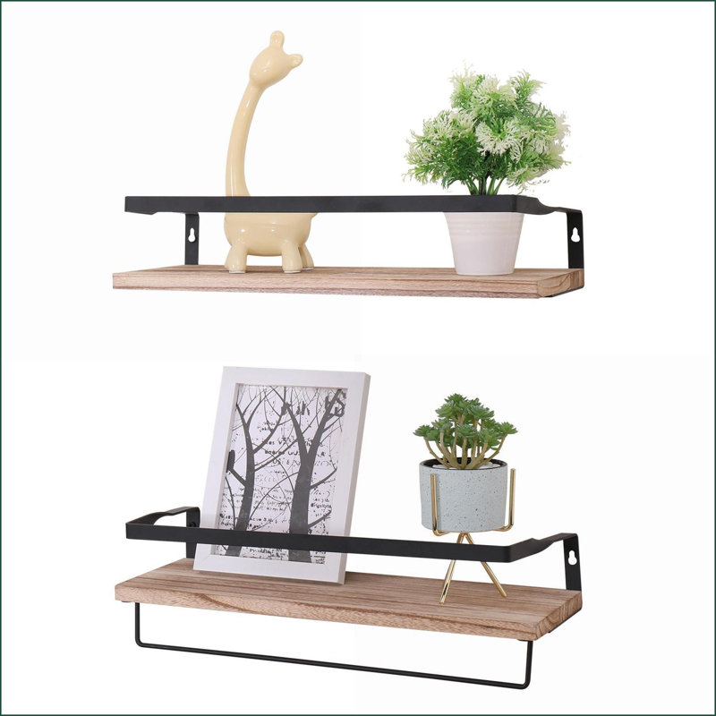 Floating Shelves Set of 2, Rustic 5.5"D x16.5"W x3.5"H Wall Mounted Shelves with Metal Brackets | Natural Wood | Metal &amp; Wood