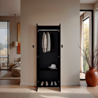 Armoire 2 portes avec système de garde-robe, tringle à suspendre et tablette de rangement, armoire moderne pour rangement de chambre à coucher, noyer teint