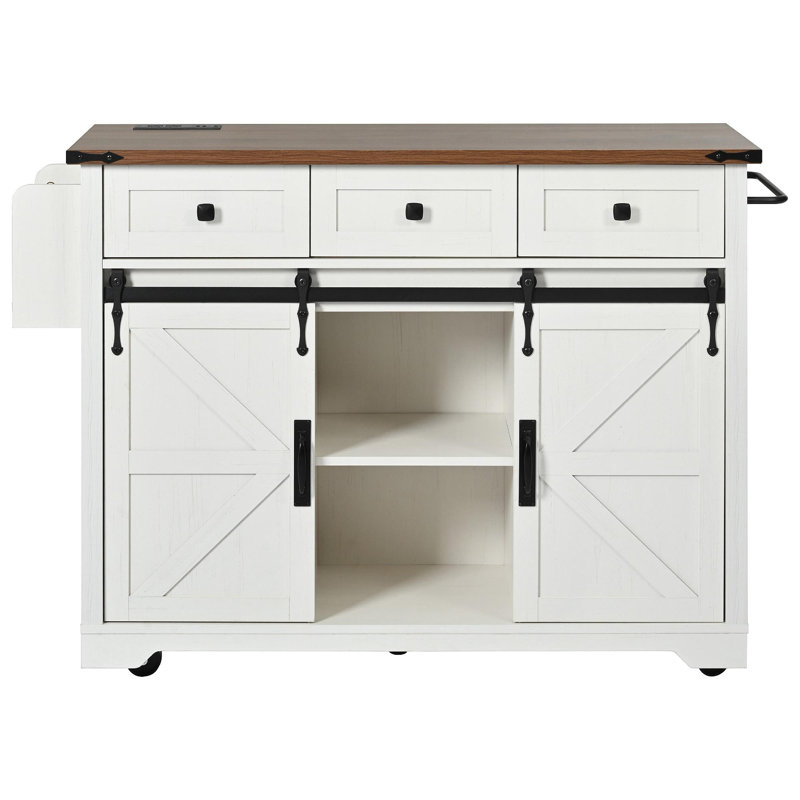 53.7" Farmhouse Kitchen Island With Power Outlet, Drop Leaf & Sliding Barn Doors, Rolling Storage Cart, White, White