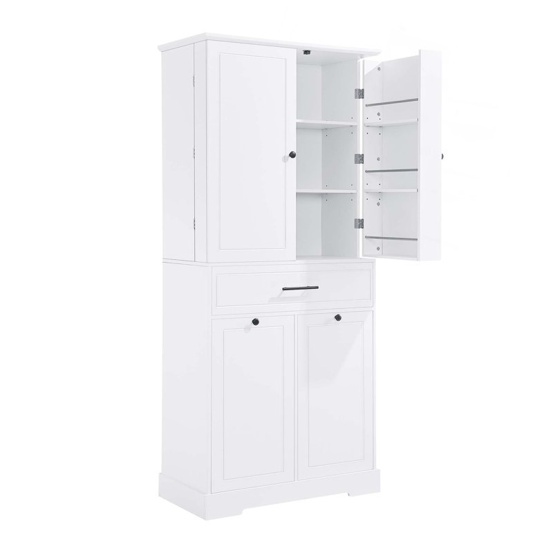 Armoire de rangement autoportante avec portes et tiroirs, panier à linge inclinable, tablette réglable, plusieurs espaces de rangement