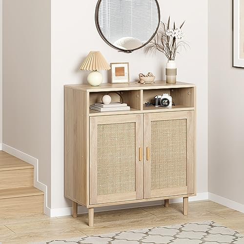 Rattan Sideboard Buffet Cabinets, Sideboard Cabinets with 2 Doors, Modern Accent Storage Console Tables, 1 pc