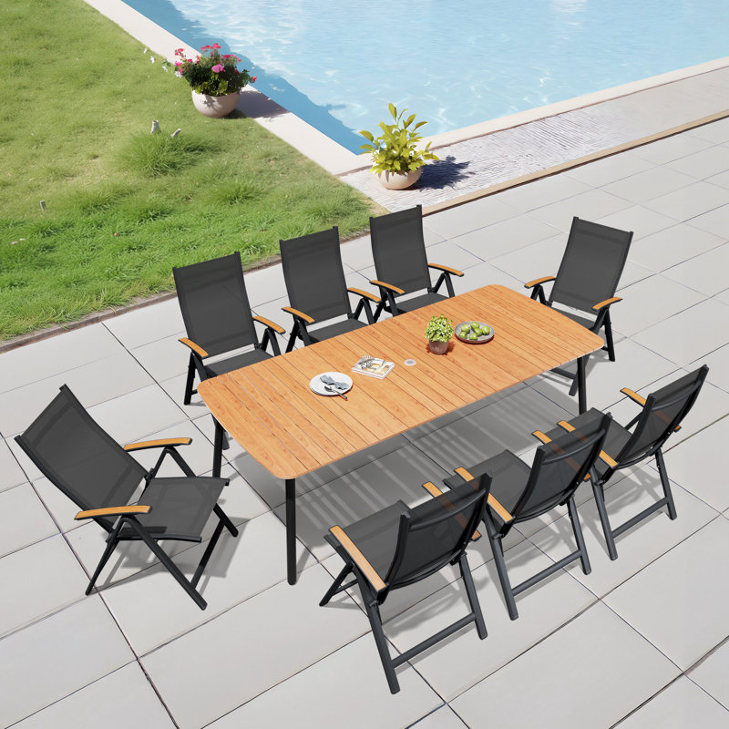Ensemble de salle à manger rectangulaire pour 8 personnes avec trou pour parasol, structure en aluminium et fauteuils inclinables pliés
