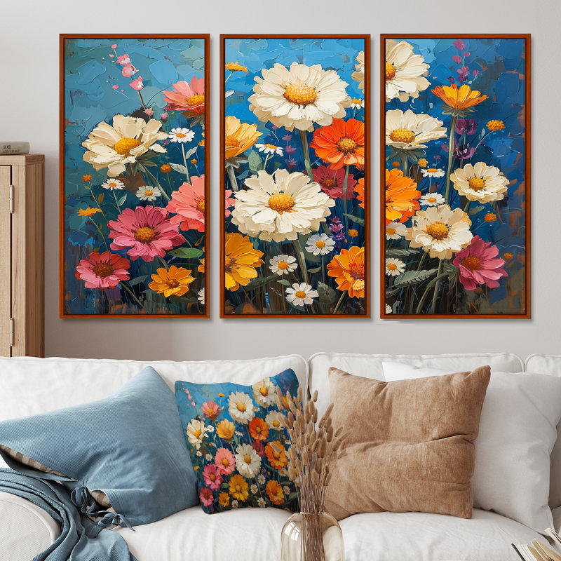 Ensemble de salon Jais - marguerites, Toile avec cadre flottant brun, H 32 po x l 48 po x P 1 po
