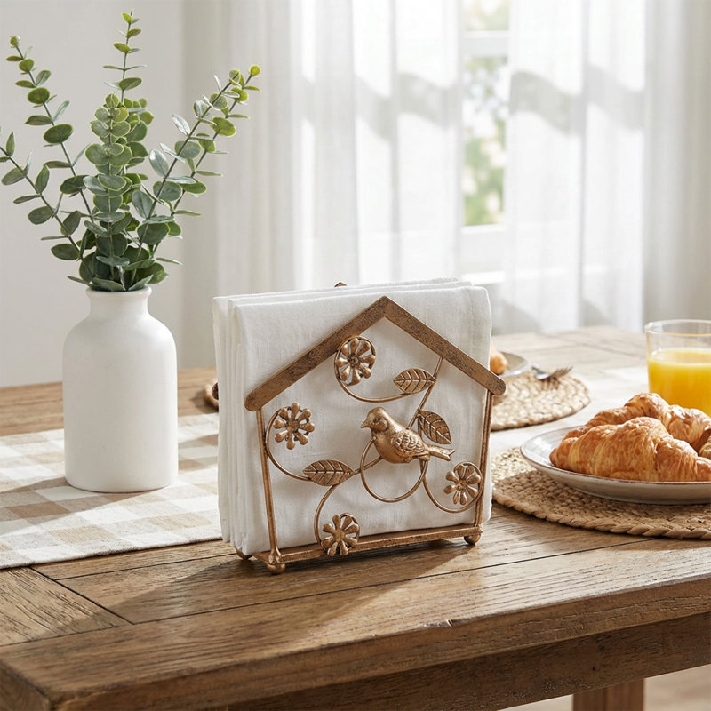Bird and Leaf Napkin Holder, Freestanding Open-Top Metal Organizer for Standard Napkins 