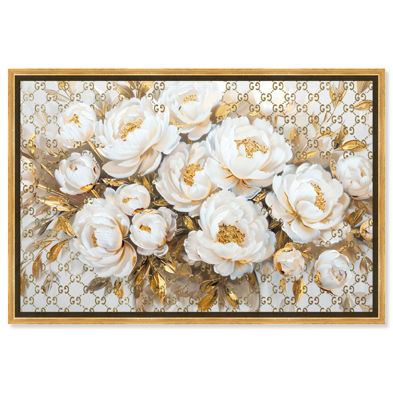 Art floral sur toile avec arrangement royal doré, Cadre argenté, H 11 po x l 16 po