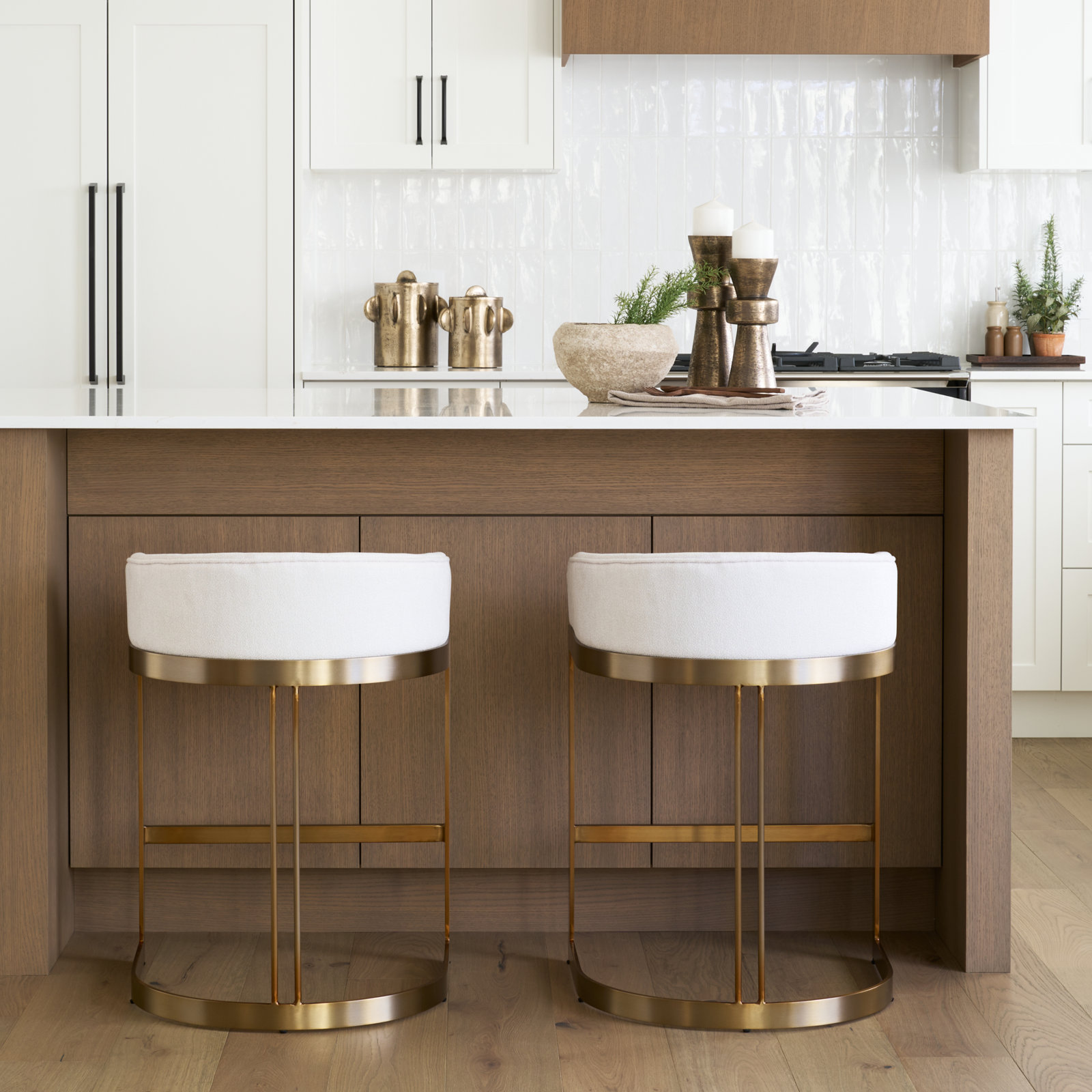 Bradley Upholstered Bar & Counter Stool, Counter Stool (24.75" Seat Height), White Performance, Gold