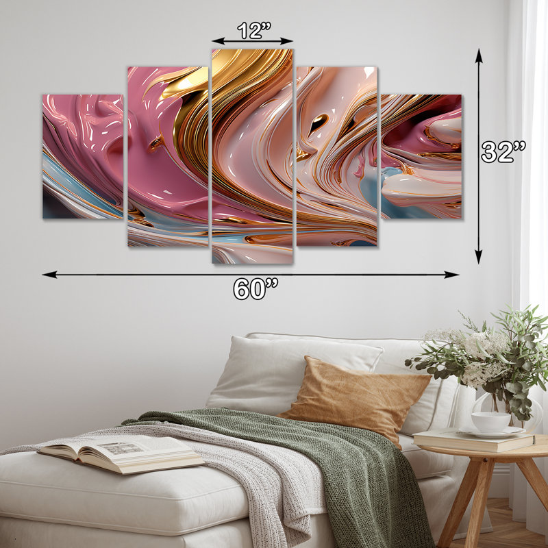 Fluent Magnificence, rose doré I - encre liquide, art mural abstrait, toile 5 pièces, H 32 po x l 60 po