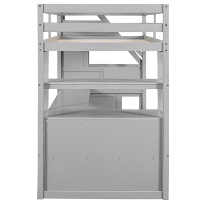 Gray Twin Size Loft Bed With Desk, Shelves, And Long-Lasting Durability Storage Staircase, Shelf Capacity In