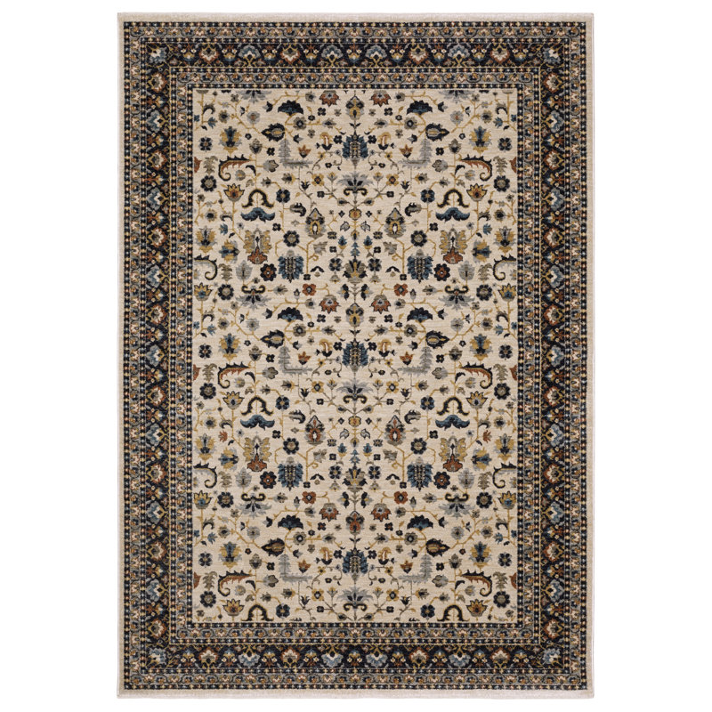 Caia Traditional Floral Border Beige/ Multi Area Rug, Rectangle 6'7" x 9'9"