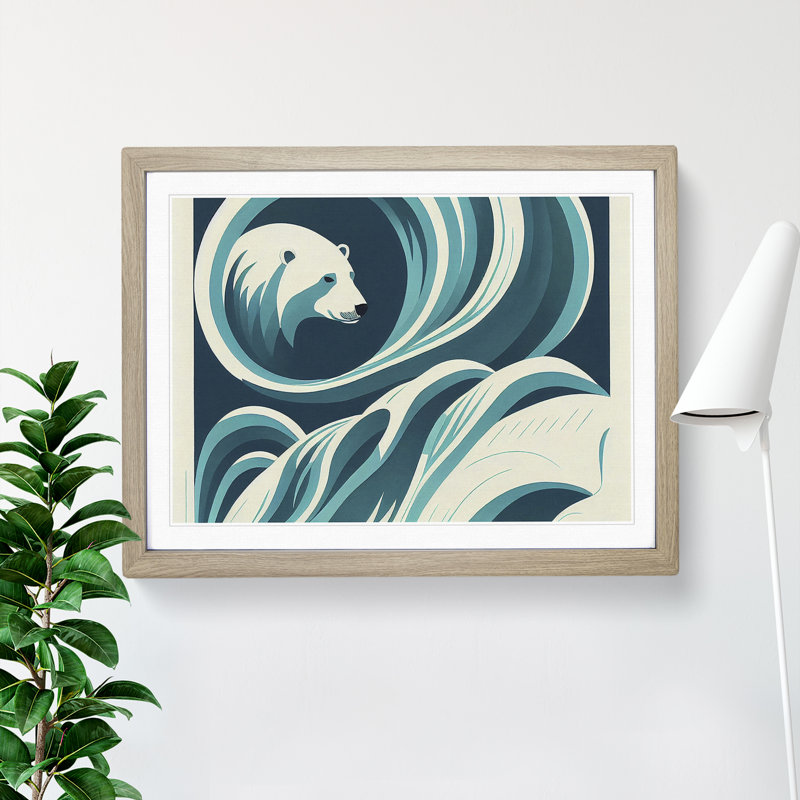 Polar Bear Deco - Framed Print, 25cm H x 34cm W x 2cm D, Oak