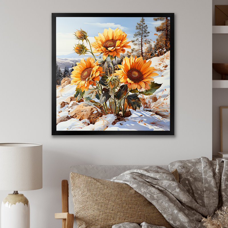 Charme de tournesols en hiver - impression, H 16 po x l 16 po x P 1 po, Cadre simple noir