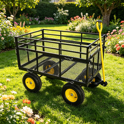 600 lb Capacity Steel Garden Dump Cart with Pneumatic Tires, Yellow and Black