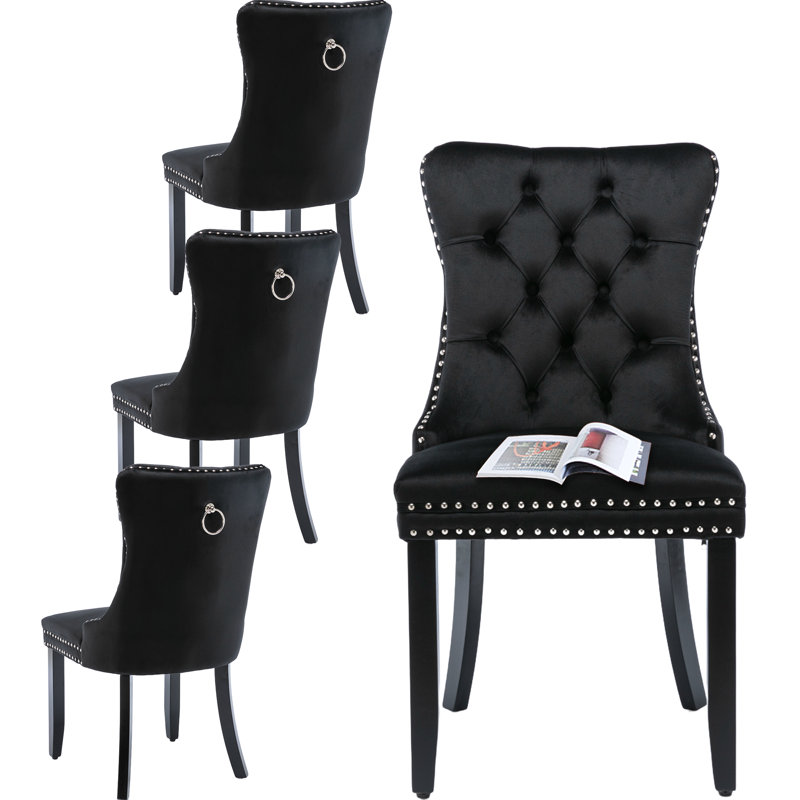 Chaises de salle à manger, chaise de salle à manger rembourrée haut de gamme avec anneau clouté, 4, Velours bleu marine, Noir