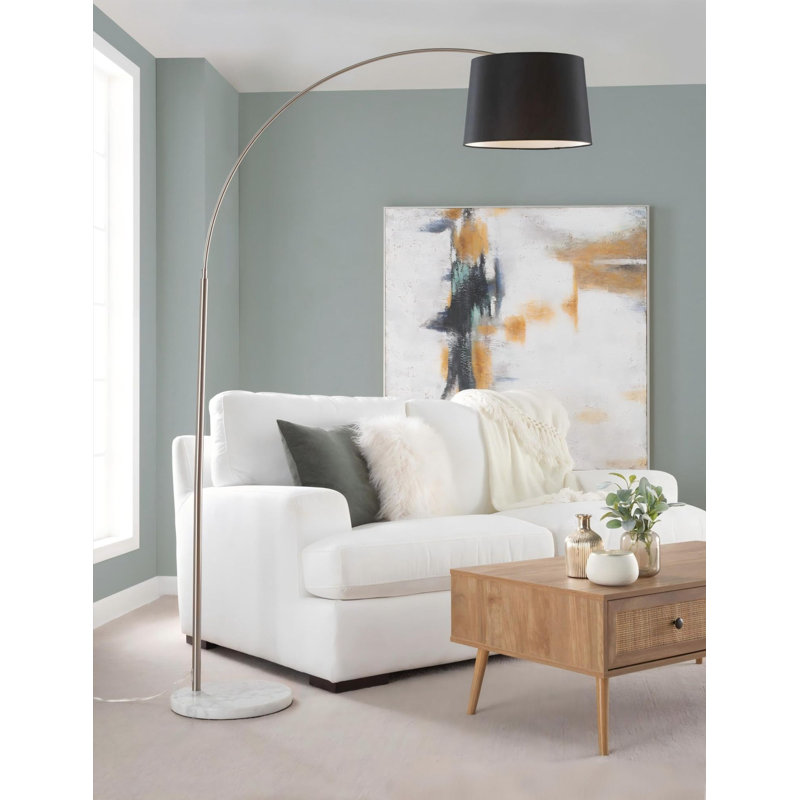 Lampe sur pied contemporaine en marbre blanc et nickel avec abat-jour en lin noir