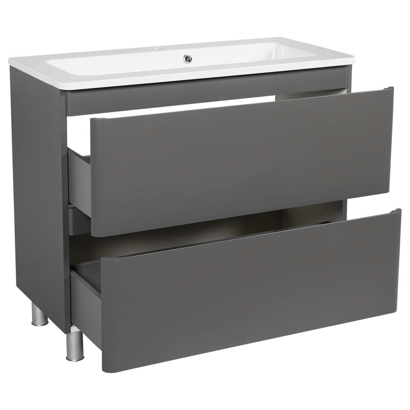 Jermyia 31.3'' Single Bathroom Vanity with Ceramic Top with Mirror, Grey Matt