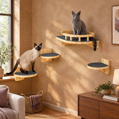 Arbre à chat d'angle en bois avec 3 larges plates-formes ; étagères flottantes modernes d'intérieur pour dormir, jouer et grimper, jusqu'à 11 kg