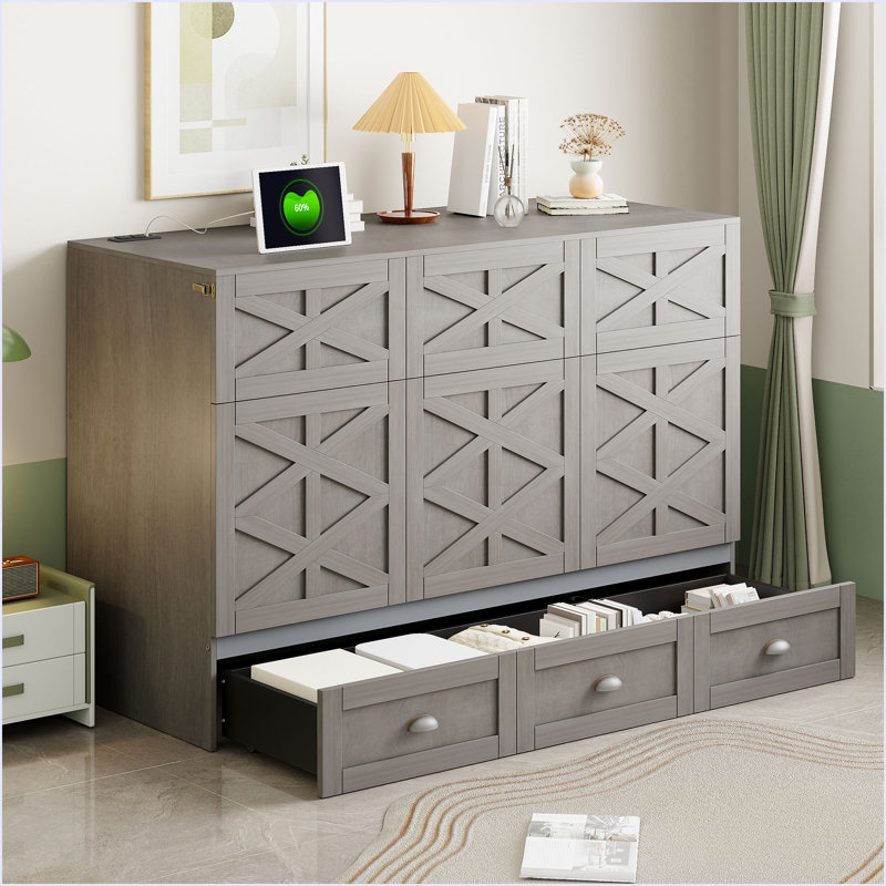 Lit escamotable double avec grands tiroirs, Gris