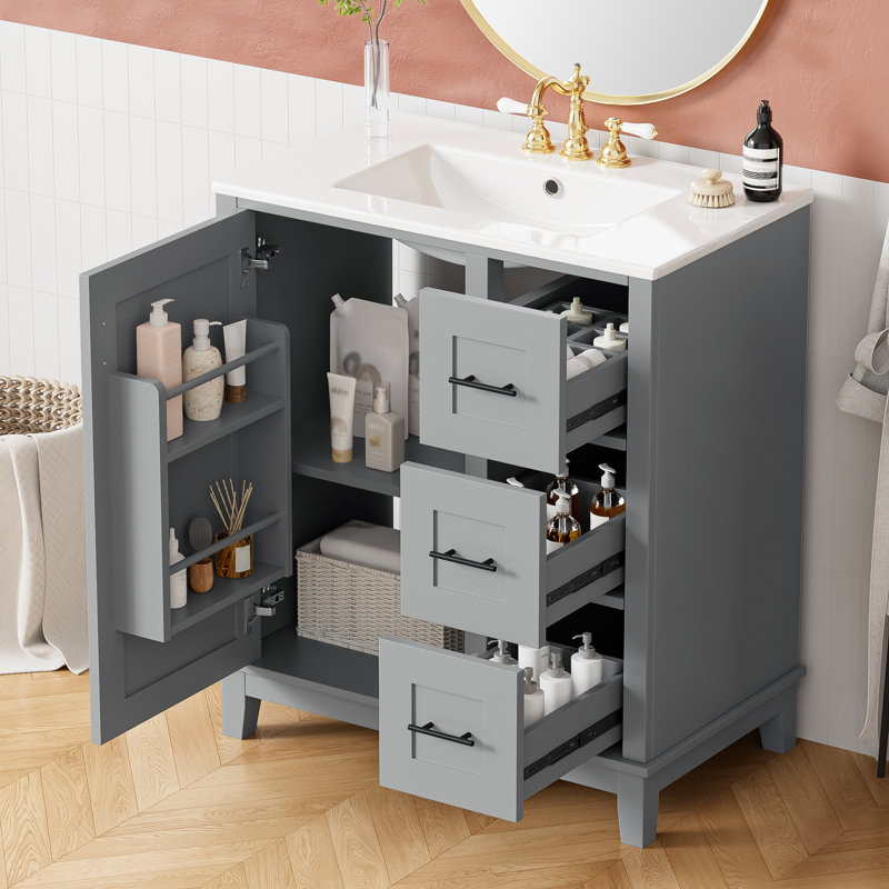 Meuble-lavabo moderne de 30 pouces avec lavabo en céramique, fermeture en douceur, gris, Gris