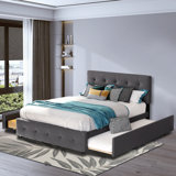 Modern Minimalist Upholstered Platform Bed With Two Drawers And A Hidden Pull-Out Bed