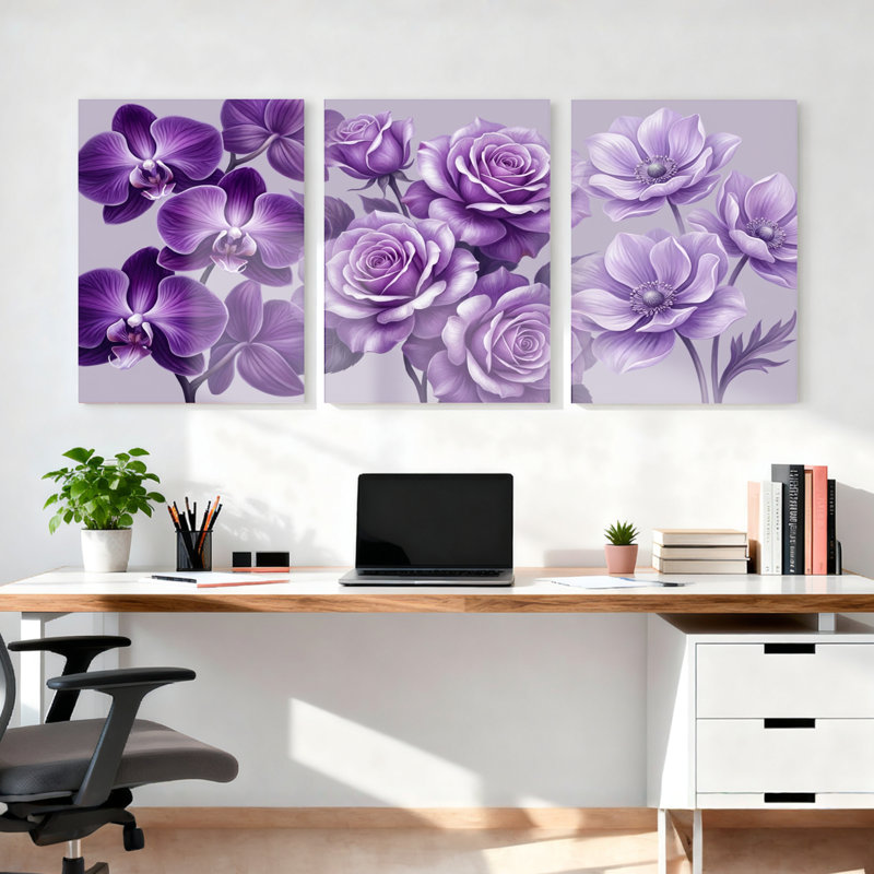 Purple Orchid Rose And Anemone Floral Canvas Wrapped Wall Art Oil Painting Print Set Of 3 For Living Room Bedroom Decor