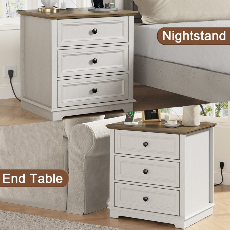 Beattie 3-Drawer Sets End Tables with Storage and Built-in Outlets,Side Table for Living Room,Bedroom,Office, White/Walnut