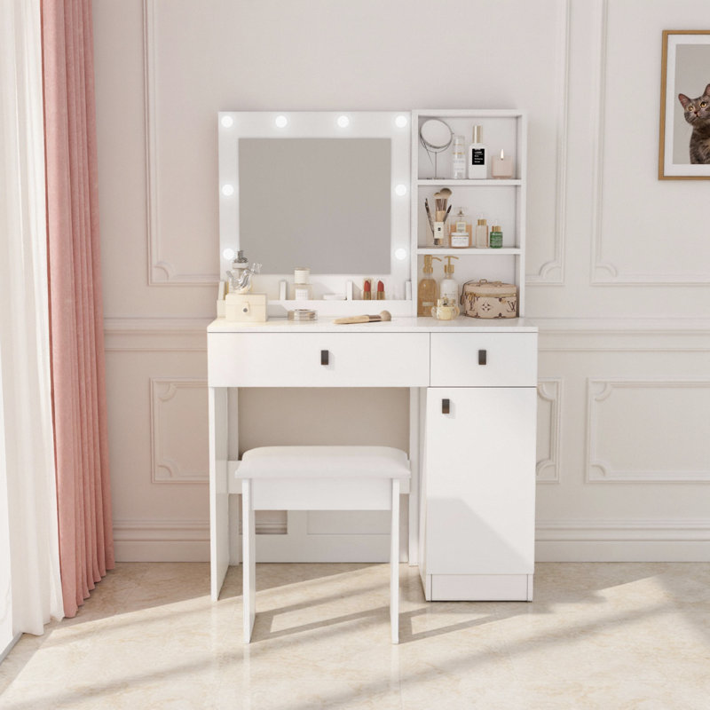 Meuble-lavabo blanc 35 po - Miroir carré inclinable à 90 °, 3 niveaux de DEL tactile, miroir caché derrière une tablette, 2 tiroirs profonds + armoire, casiers ouverts