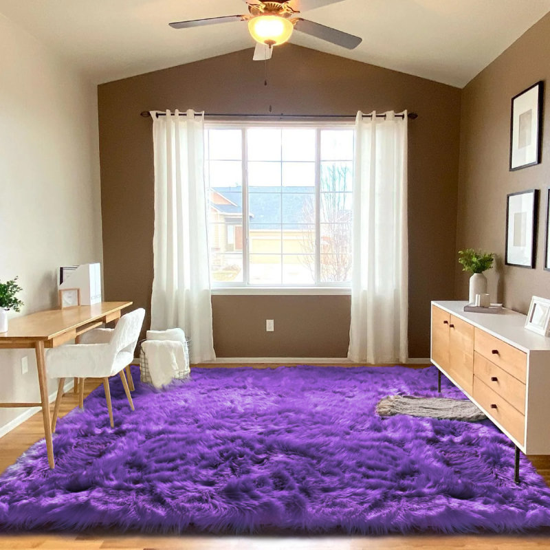 Grape Purple Faux Sheepskin Fur Fluffy Shag Area Rug, Rectangle 6' x 9'