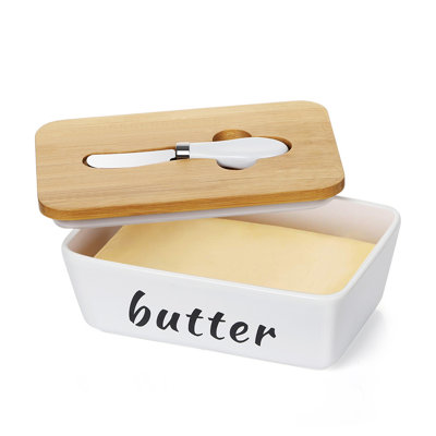 Beurrier en porcelaine avec couvercle en bois blanc