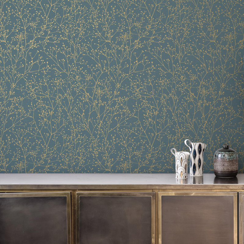 Clarissa Hulse Gypsophila Metallic Floral Wallpaper, Blue/Golden