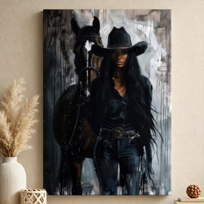 Black woman in cowboy hat with horse Canvas Wall Art - Rainy Western scene - 1" Deep Gallery Wrapped - 24" x 36"
